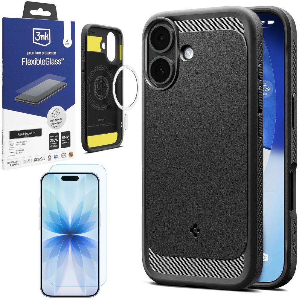 Etui SPIGEN Rugged Armor MagSafe | Black + SZKŁO 3mk do Apple iPhone 17 |