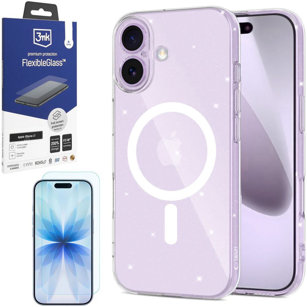 Cienkie Etui Flex MagSafe | Glitter Clear + SZKŁO 3mk do Apple iPhone 17 |