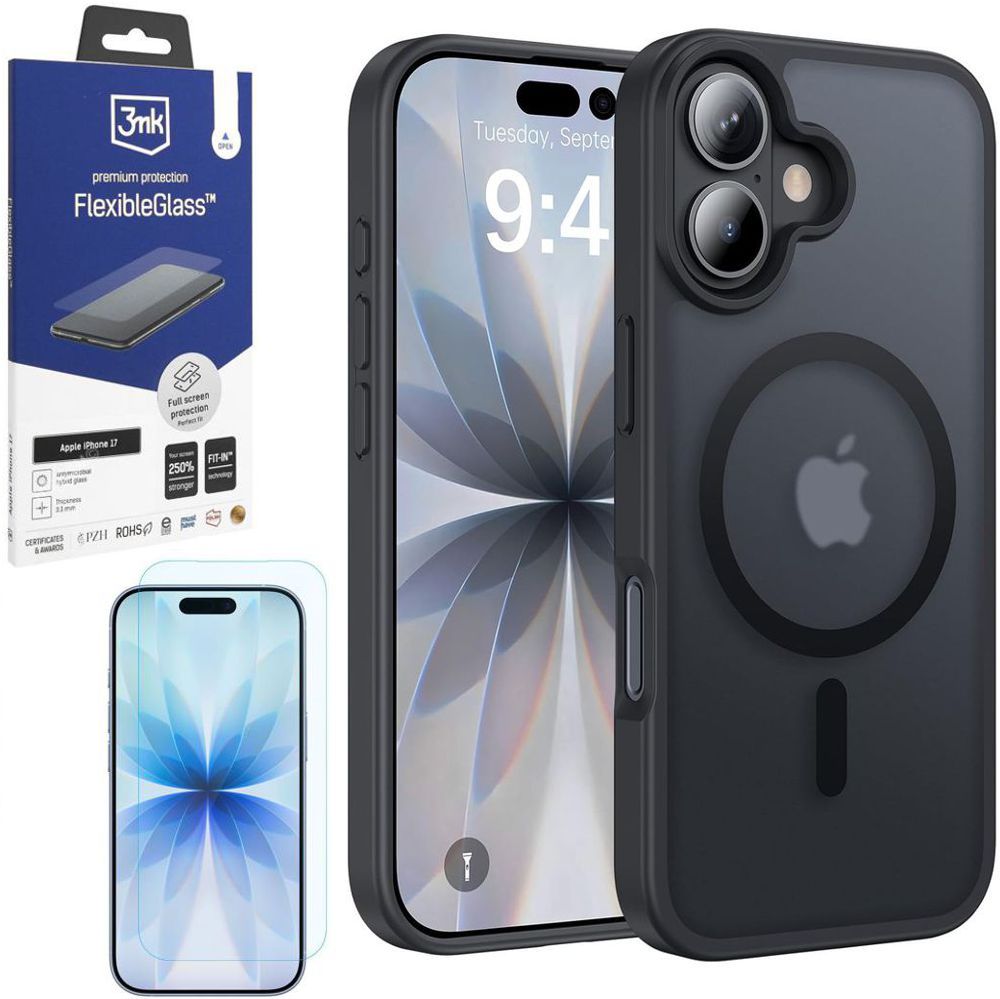 Etui Hybrydowe Matte Case z MagSafe | Black + SZKŁO 3mk do Apple iPhone 17 |
