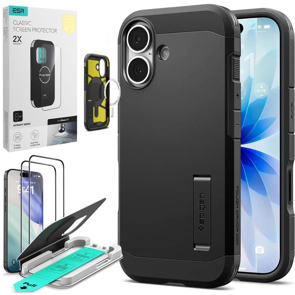 Pancerne Etui SPIGEN Tough Armor „T” z MagSafe | Black + 2x SZKŁO ESR do Apple iPhone 17 |