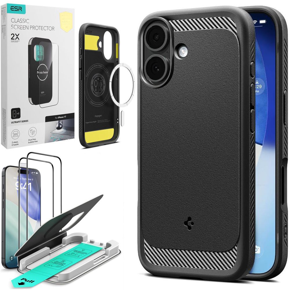 Etui SPIGEN Rugged Armor MagSafe | Black + 2x SZKŁO ESR do Apple iPhone 17 |