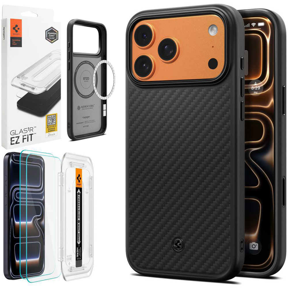 Etui SPIGEN Enzo Aramid MagSafe | Black + 2x SZKŁO Spigen do Apple iPhone 17 Pro |
