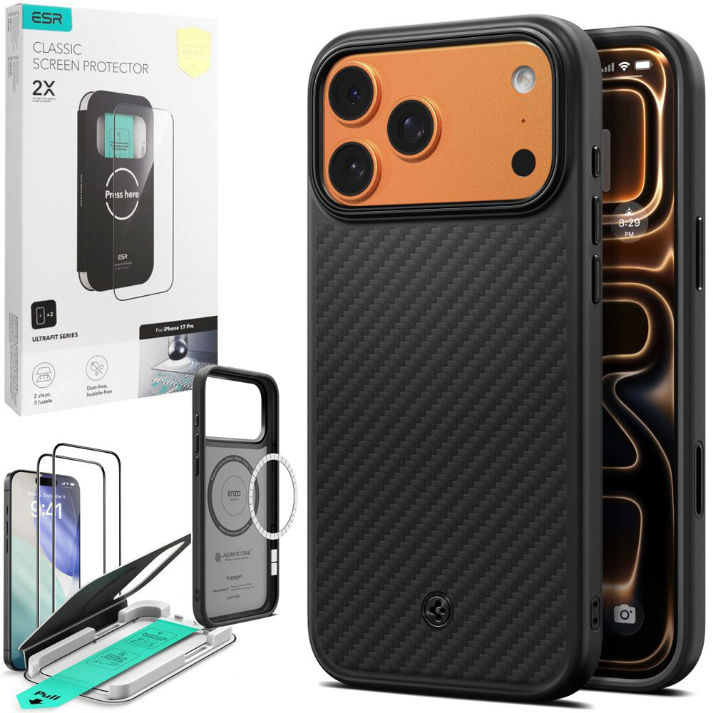 Etui SPIGEN Enzo Aramid MagSafe | Black + 2x SZKŁO ESR do Apple iPhone 17 Pro |
