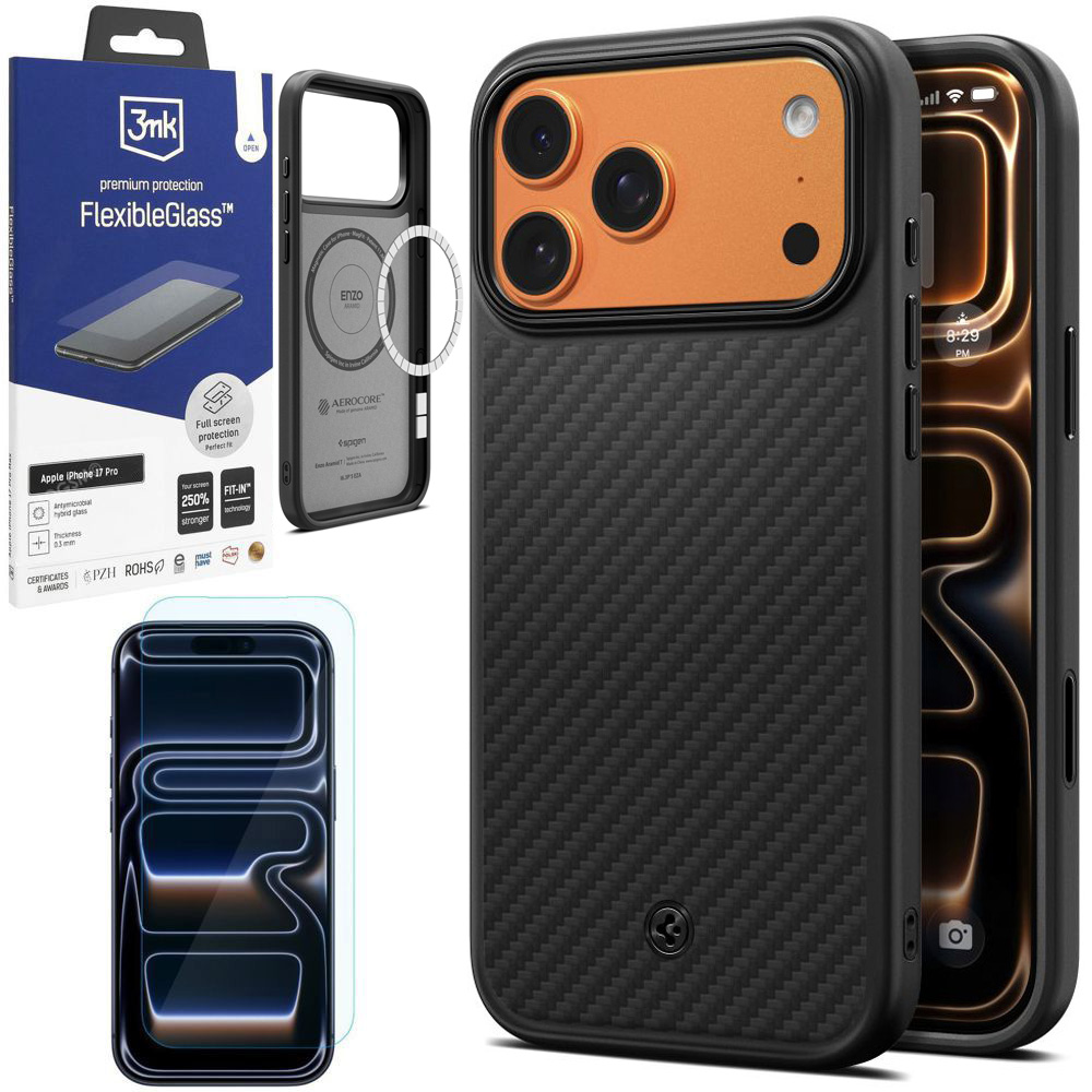 Etui SPIGEN Enzo Aramid MagSafe | Black + SZKŁO 3mk do Apple iPhone 17 Pro |