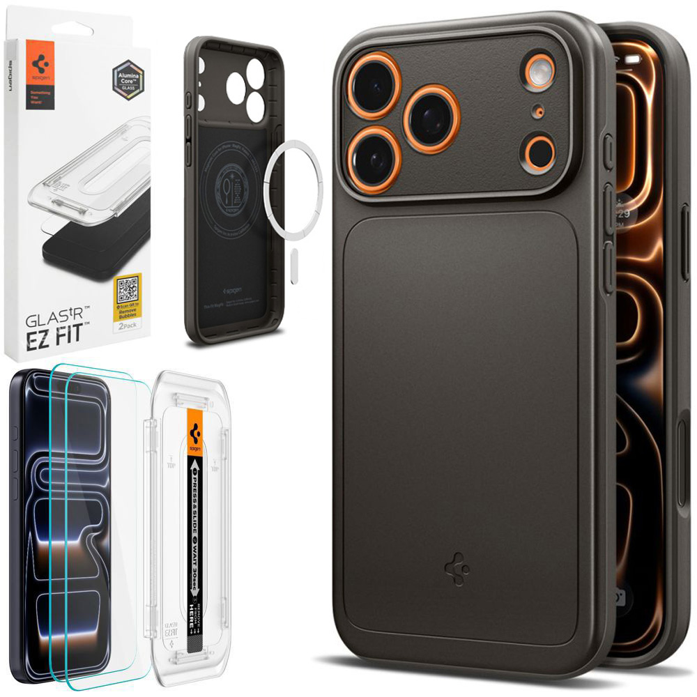 Etui SPIGEN Thin Fit MagSafe | Gunmetal + 2x SZKŁO Spigen do Apple iPhone 17 Pro Max