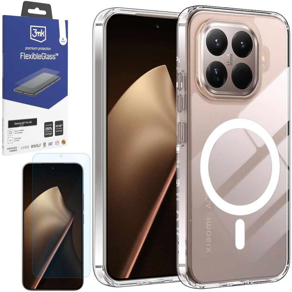 Etui Hybrydowe Clear Case z MagSafe | Crystal + SZKŁO 3mk Flexible Glass do Xiaomi 15T Pro 5G