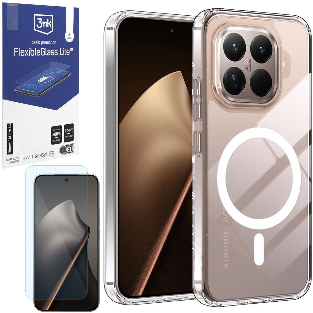 Etui Hybrydowe Clear Case z MagSafe | Crystal + SZKŁO 3mk Flexible Glass Lite do Xiaomi 15T Pro 5G