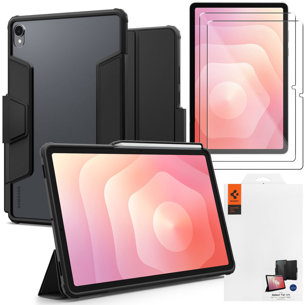Etui z Klapką SPIGEN Ultra Hybrid PRO | Black + 2x SZKŁO do Samsung Galaxy Tab S11