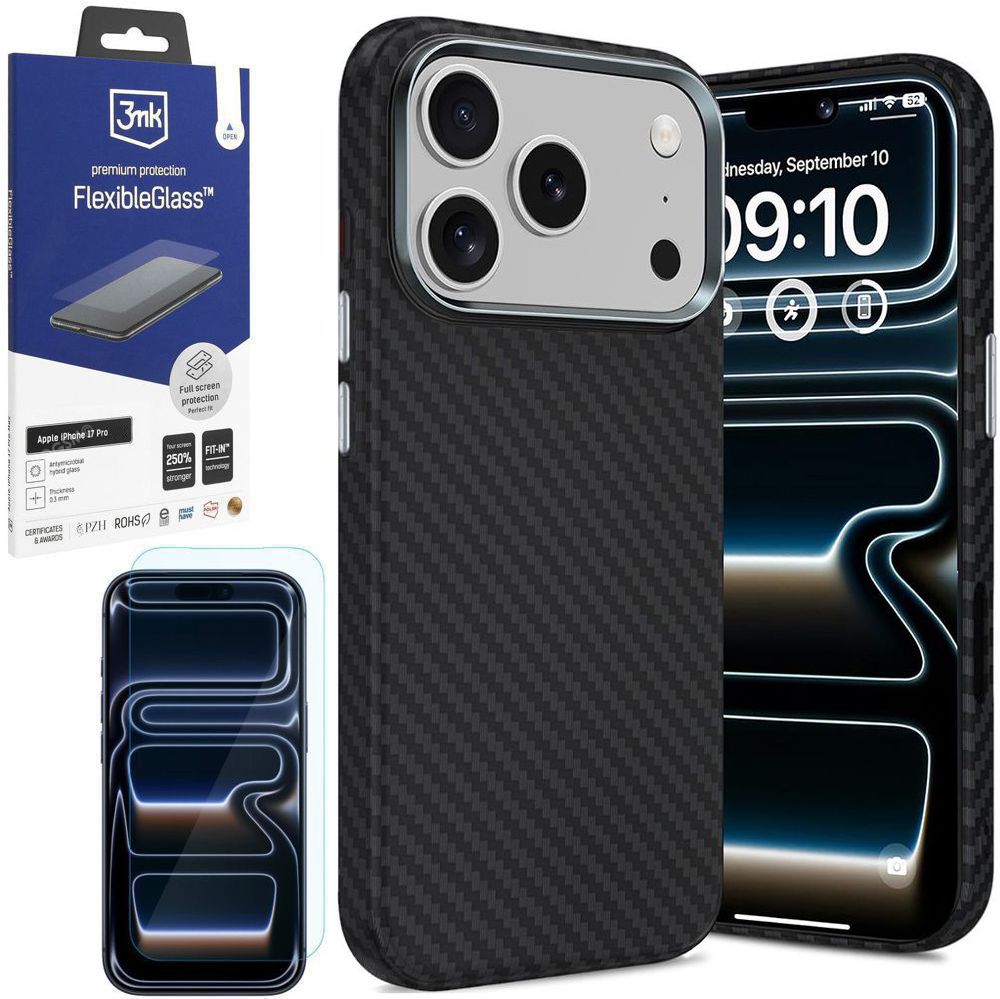 Etui Carbon MagSafe | Silver Black + SZKŁO 3mk do Apple iPhone 17 Pro |