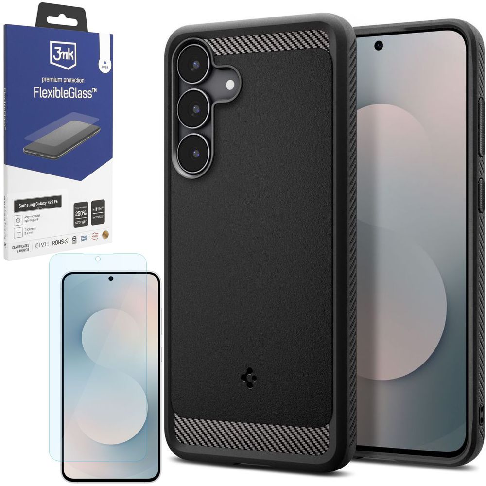 Etui SPIGEN Rugged Armor | Black + SZKŁO 3mk do Samsung Galaxy S25 FE
