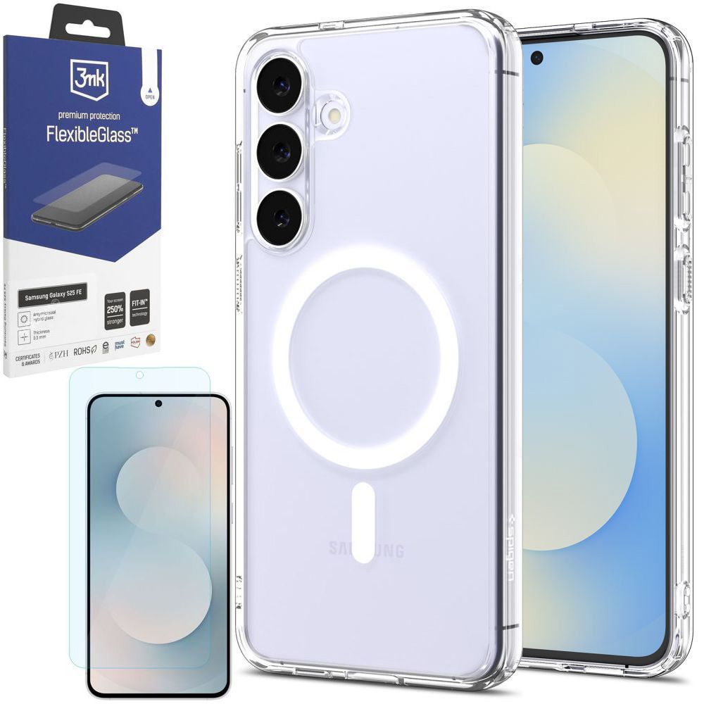 Etui SPIGEN Ultra Hybrid MagSafe | Clear White + SZKŁO 3mk do Samsung Galaxy S25 FE