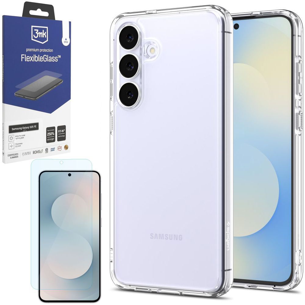 Etui SPIGEN Ultra Hybrid | Crystal Clear + SZKŁO 3mk do Samsung Galaxy S25 FE