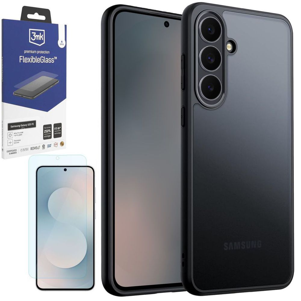 Etui Hybrydowe Matte Case | Black + SZKŁO 3mk do Samsung Galaxy S25 FE