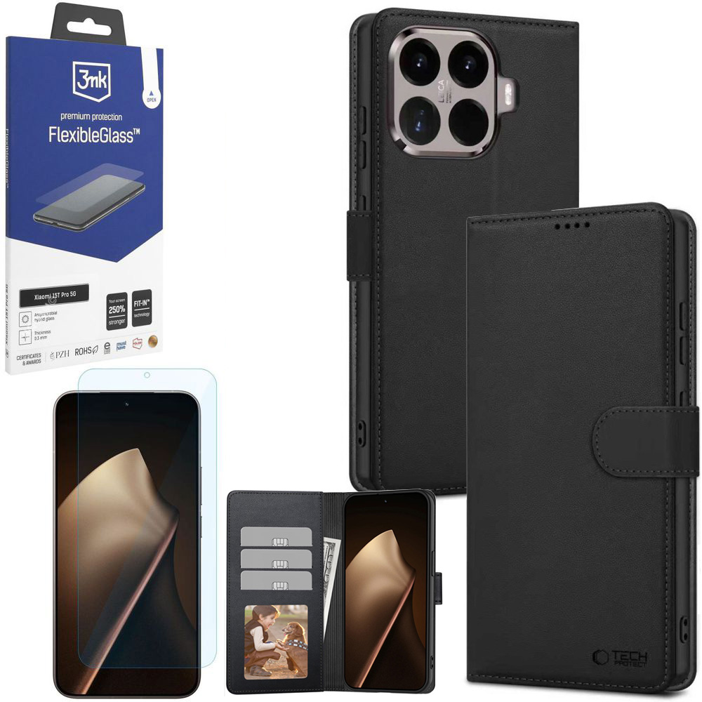 Etui z Klapką Wallet Case | Czarne + SZKŁO 3mk Flexible Glass do Xiaomi 15T Pro 5G
