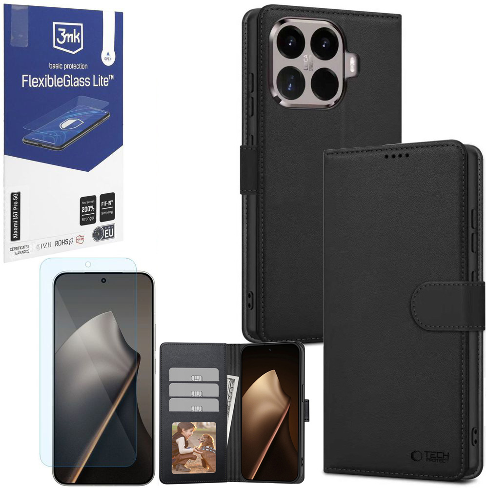 Etui z Klapką Wallet Case | Czarne + SZKŁO 3mk Flexible Glass Lite do Xiaomi 15T Pro 5G