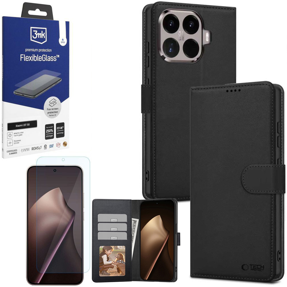 Etui z Klapką Wallet Case | Czarne + SZKŁO 3mk Flexible Glass do Xiaomi 15T 5G