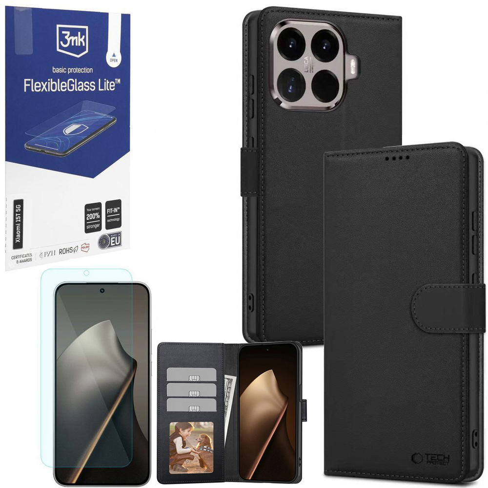 Etui z Klapką Wallet Case | Czarne + SZKŁO 3mk Flexible Glass Lite do Xiaomi 15T 5G