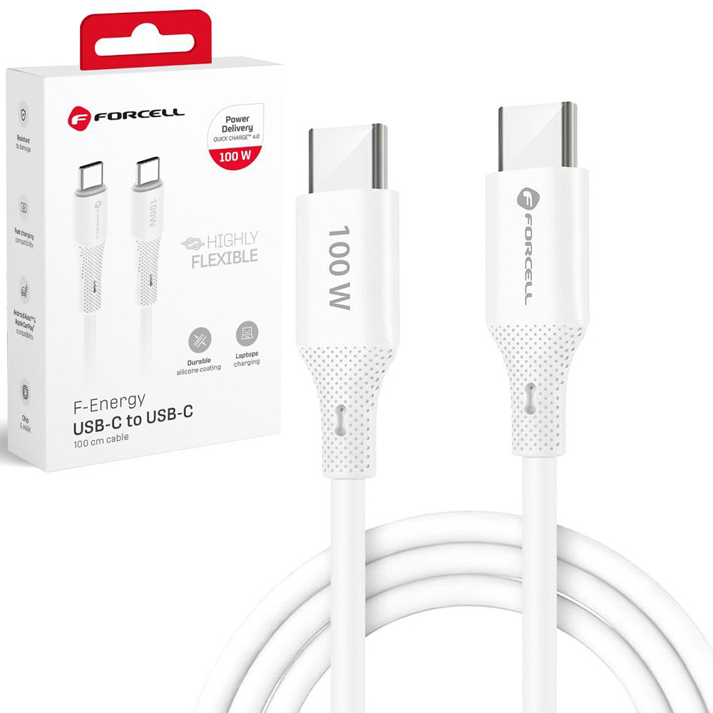 Forcell | Szybki Kabel USB-C PD QC 4.0 100W | Android Auto Apple CarPlay | Biały | 100cm