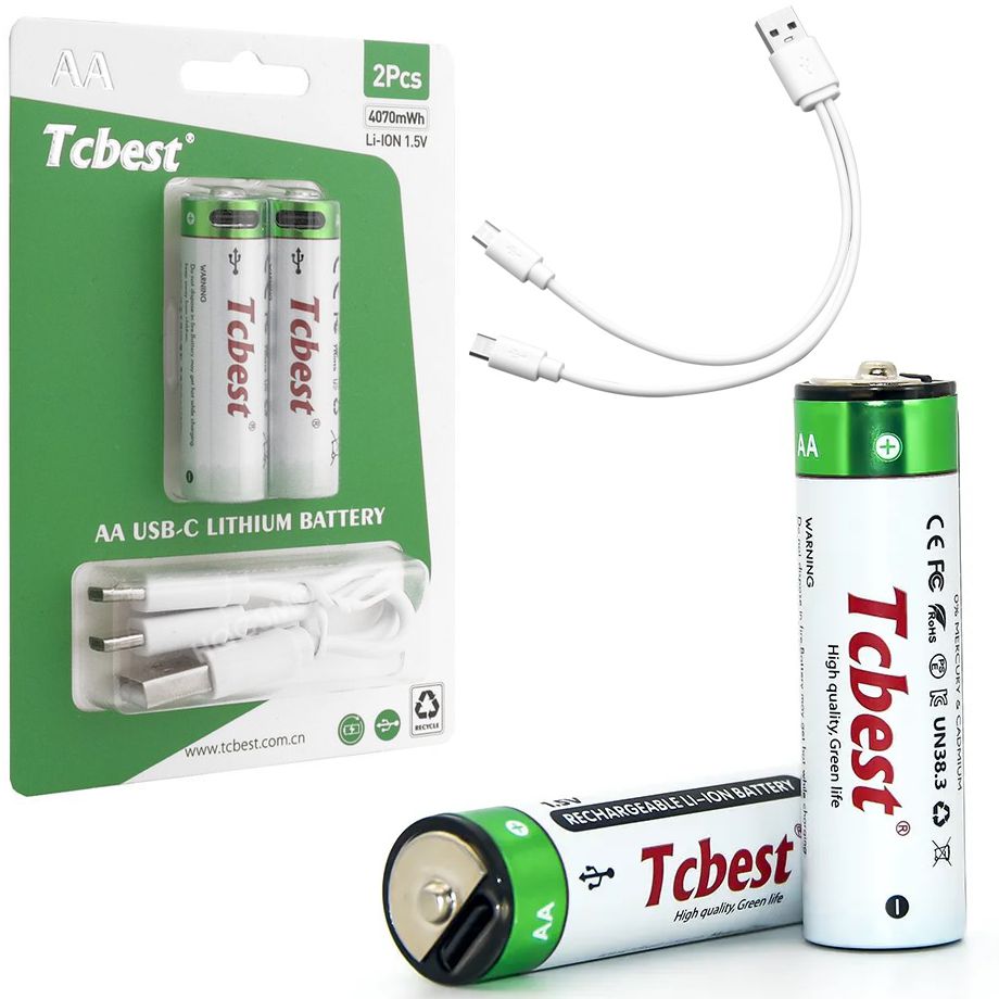 2x Baterie Akumulatorki AA | 4070mWh Li-ION 1.5V z portem USB-C + Kabel