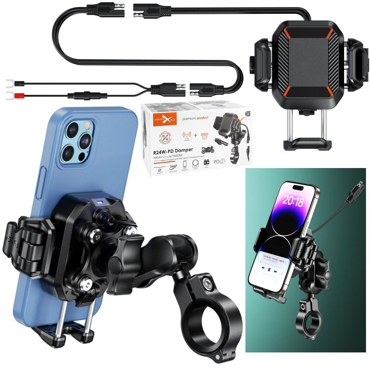 Uchwyt Motocyklowy z Ładowaniem Indukcyjnym 15W + USB-C 36W + Amortyzator | Duży na Kierownicę