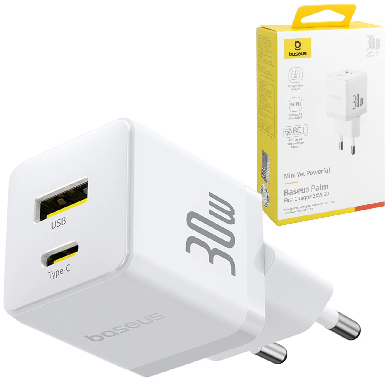 Baseus | Mini Ładowarka Sieciowa USB-A USB-C | 30W | Biała