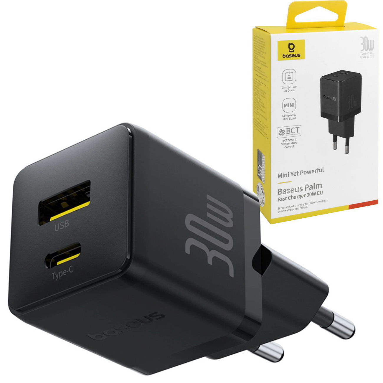 Baseus | Mini Ładowarka Sieciowa USB-A USB-C | 30W | Czarna