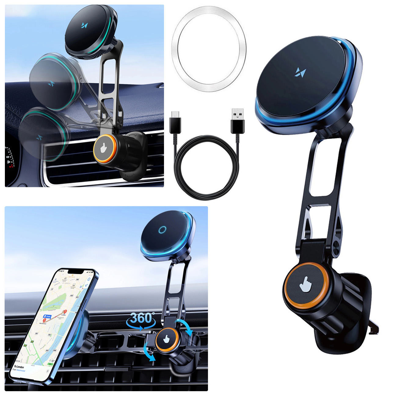 Wozinsky | Zaciągany Uchwyt Ładujący MagSafe 15W | Obrotowe Ramię + Wentylator | do Kratki