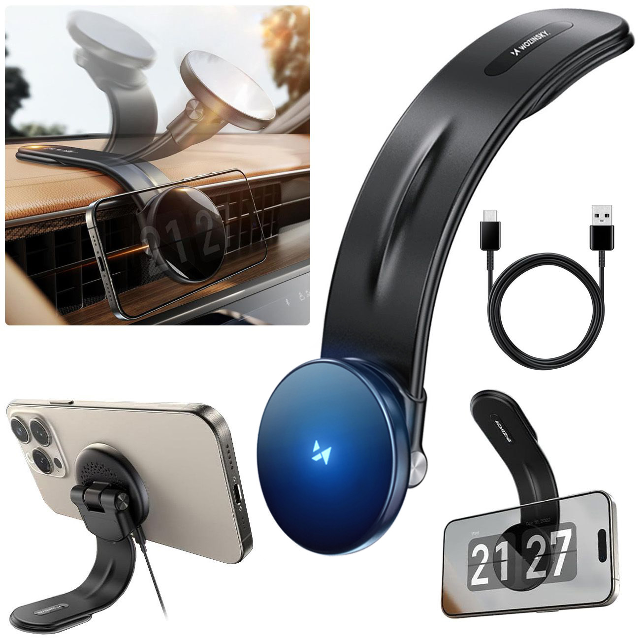 Elastyczny Uchwyt Samochodowy z Ładowaniem MagSafe 15W | na Deskę Rozdzielczą Kokpit Szybę