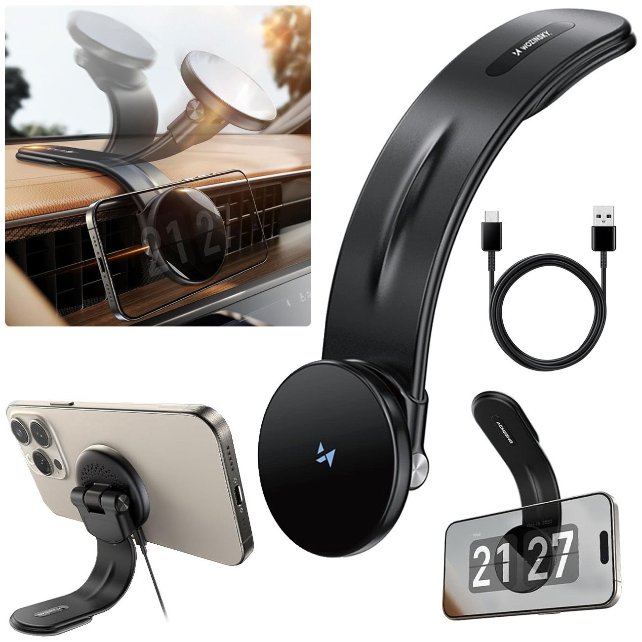 Elastyczny Uchwyt Samochodowy z Ładowaniem MagSafe 15W | na Deskę Rozdzielczą Kokpit Szybę