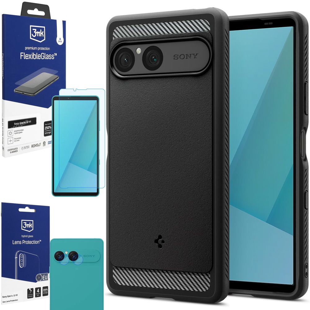 Etui SPIGEN Rugged Armor | Black + SZKŁO 3mk + 4x APARAT do Sony Xperia 10 VII