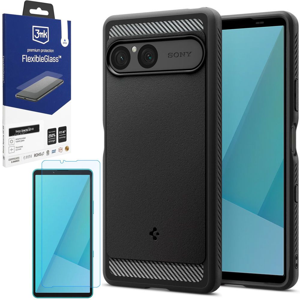 Etui SPIGEN Rugged Armor | Black + SZKŁO 3mk do Sony Xperia 10 VII