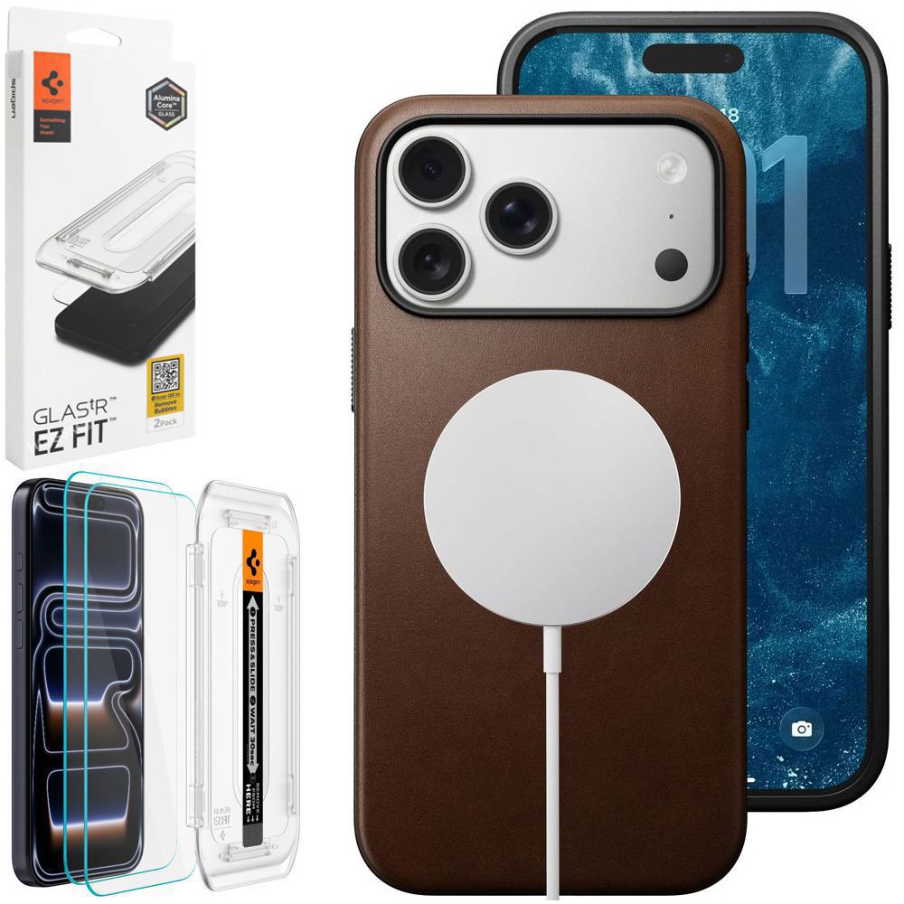 Etui Skóra Naturalna NOMAD MagSafe Leather Case | Rustic Brown + 2x SZKŁO Spigen do Apple iPhone 17 Pro Max