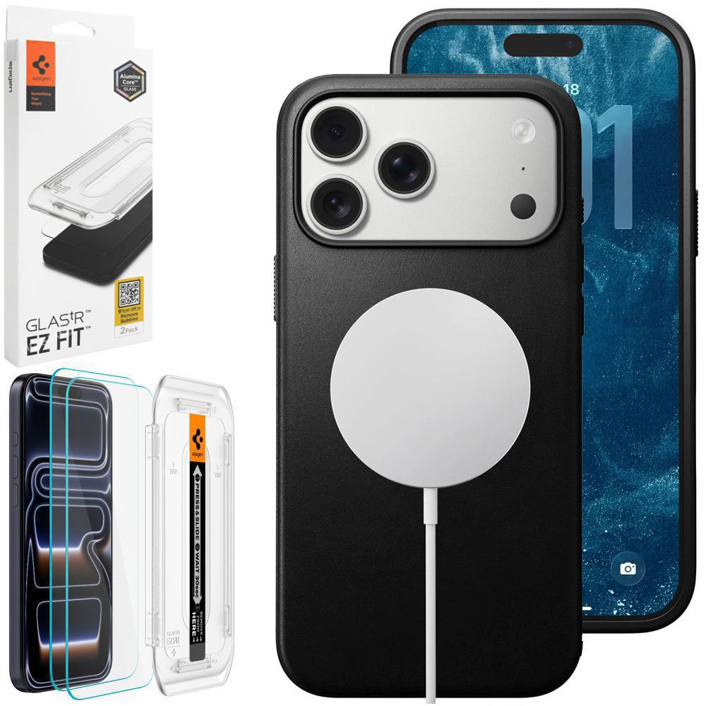Etui Skóra Naturalna NOMAD MagSafe Leather Case | Black + 2x SZKŁO Spigen do Apple iPhone 17 Pro Max