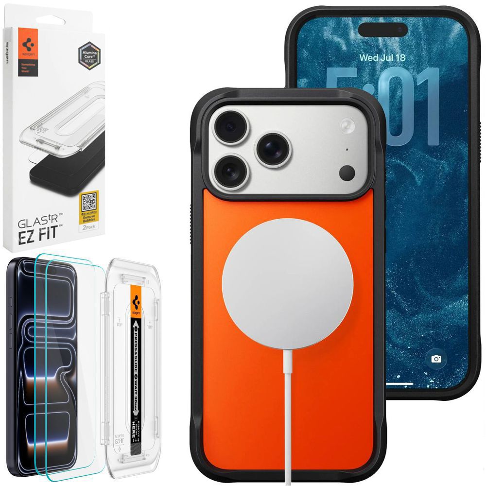 Etui NOMAD Rugged Case MagSafe | Ultra Orange + 2x SZKŁO Spigen do Apple iPhone 17 Pro Max