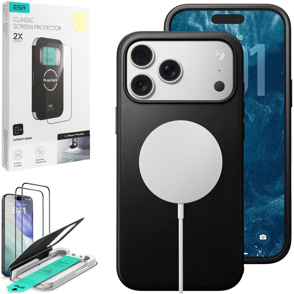 Etui Skóra Naturalna NOMAD MagSafe Leather Case | Black + 2x SZKŁO ESR do Apple iPhone 17 Pro Max