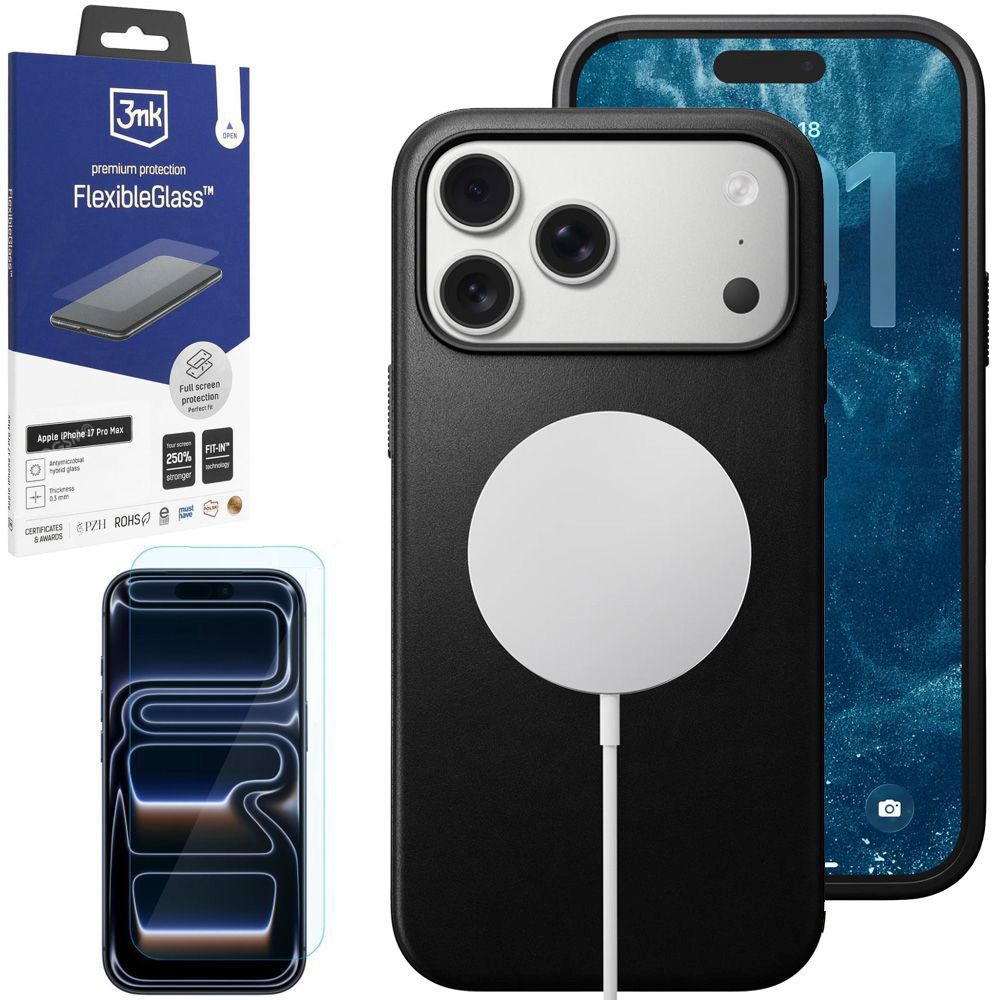 Etui Skóra Naturalna NOMAD MagSafe Leather Case | Black + SZKŁO 3mk do Apple iPhone 17 Pro Max