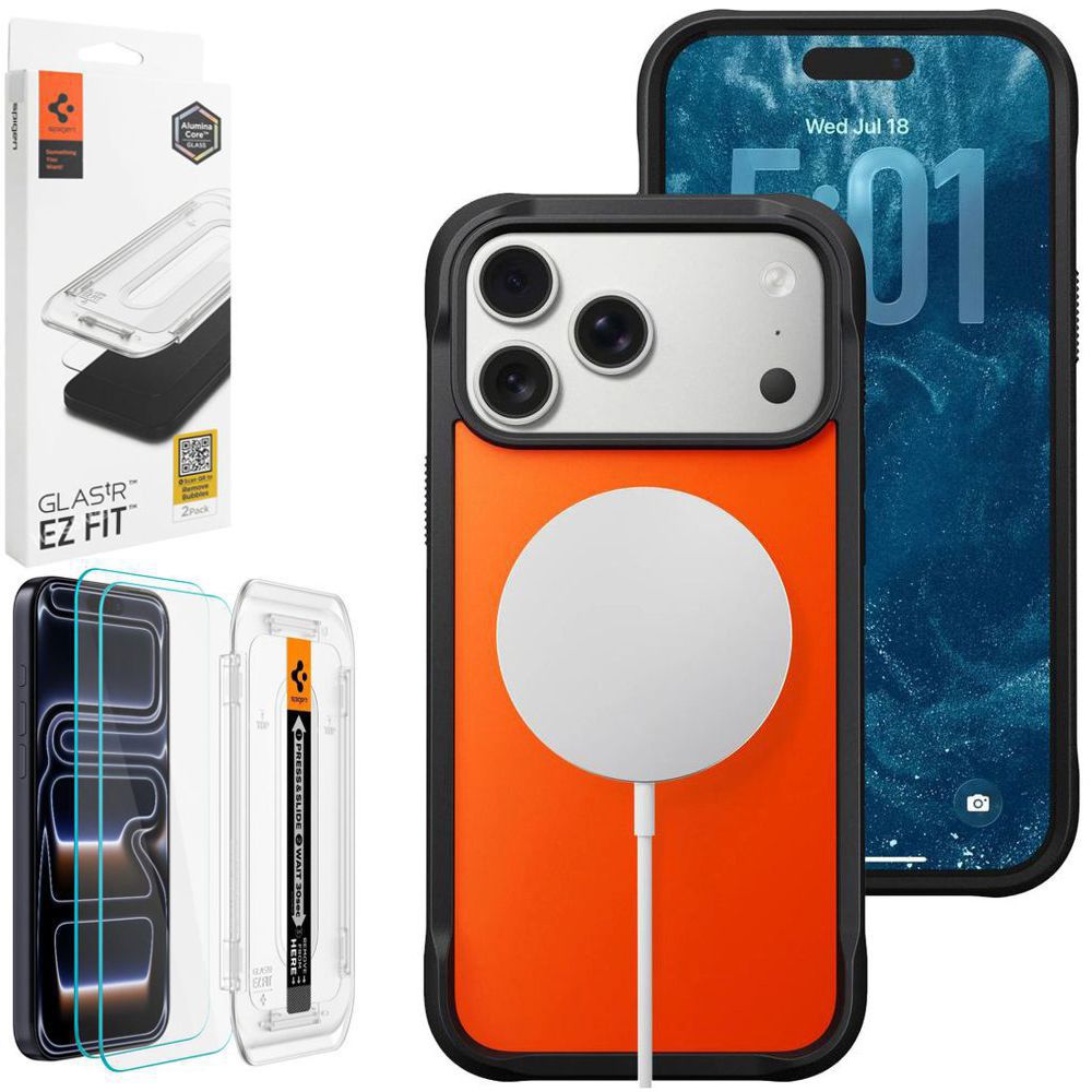 Etui NOMAD Rugged Case MagSafe | Ultra Orange + 2x SZKŁO Spigen do Apple iPhone 17 Pro |