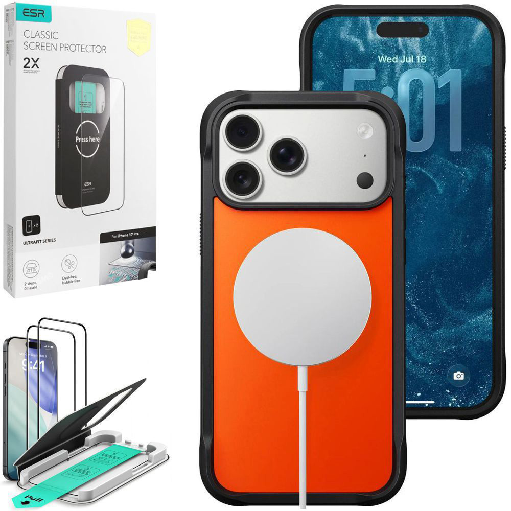 Etui NOMAD Rugged Case MagSafe | Ultra Orange + 2x SZKŁO ESR do Apple iPhone 17 Pro |