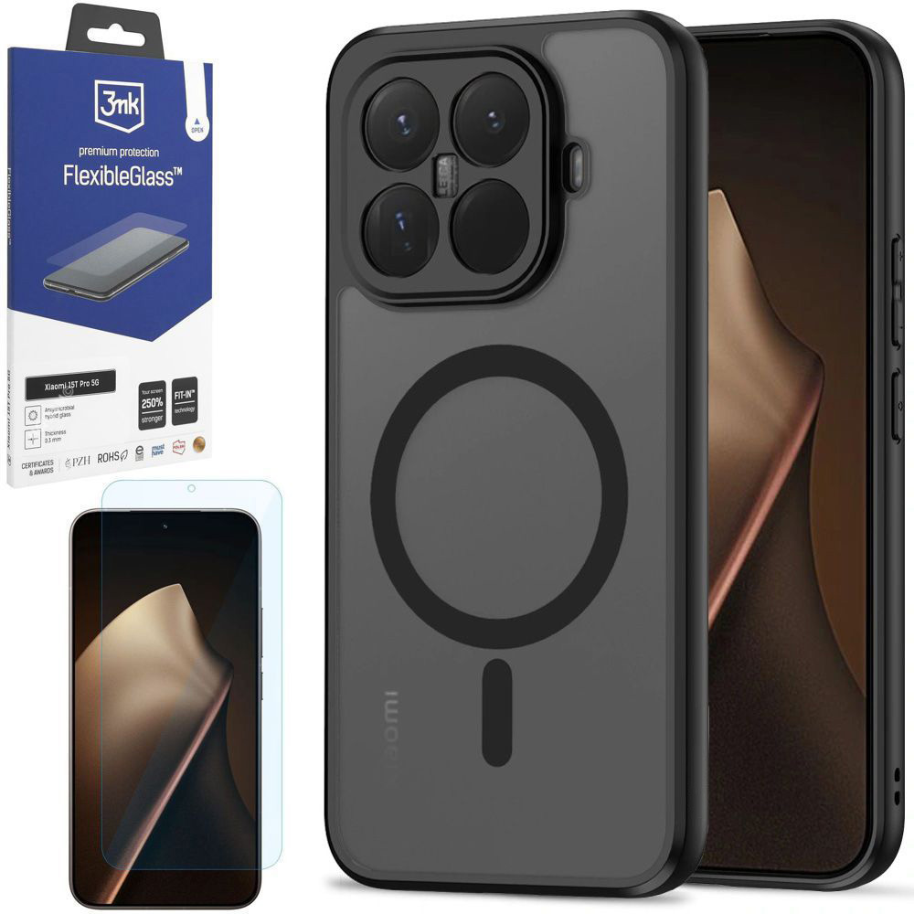Etui Hybrydowe Matte Case z MagSafe | Black + SZKŁO 3mk Flexible Glass do Xiaomi 15T Pro 5G