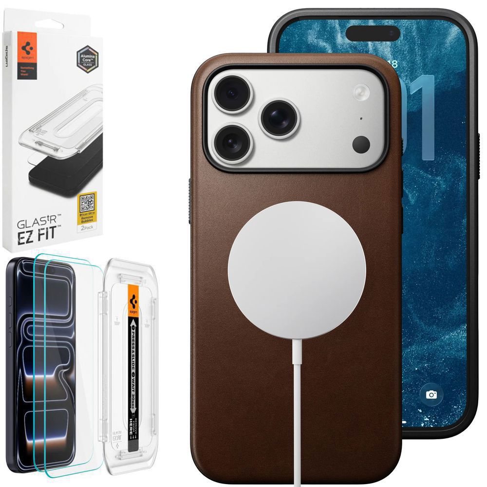 Etui Skóra Naturalna NOMAD MagSafe Leather Case | Rustic Brown + 2x SZKŁO Spigen do Apple iPhone 17 Pro |