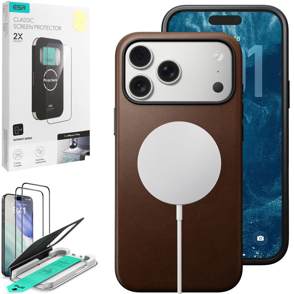 Etui Skóra Naturalna NOMAD MagSafe Leather Case | Rustic Brown + 2x SZKŁO ESR do Apple iPhone 17 Pro |
