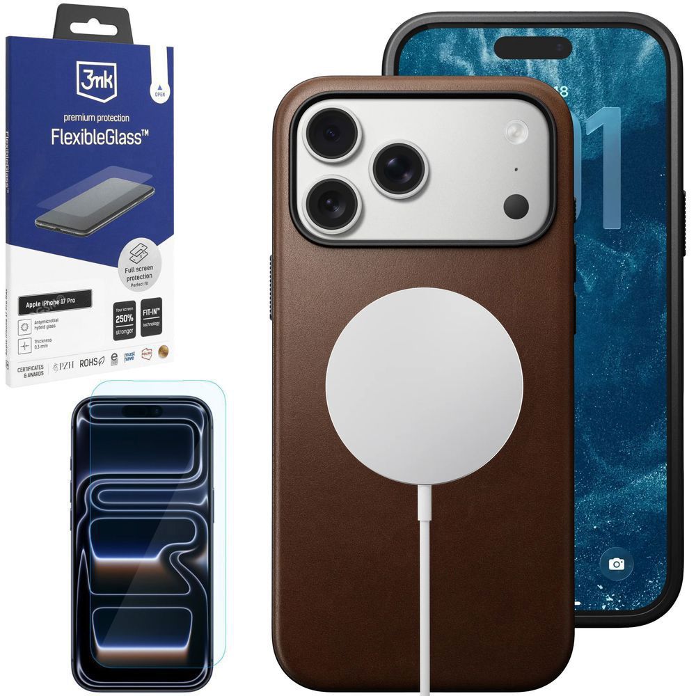 Etui Skóra Naturalna NOMAD MagSafe Leather Case | Rustic Brown + SZKŁO 3mk do Apple iPhone 17 Pro |