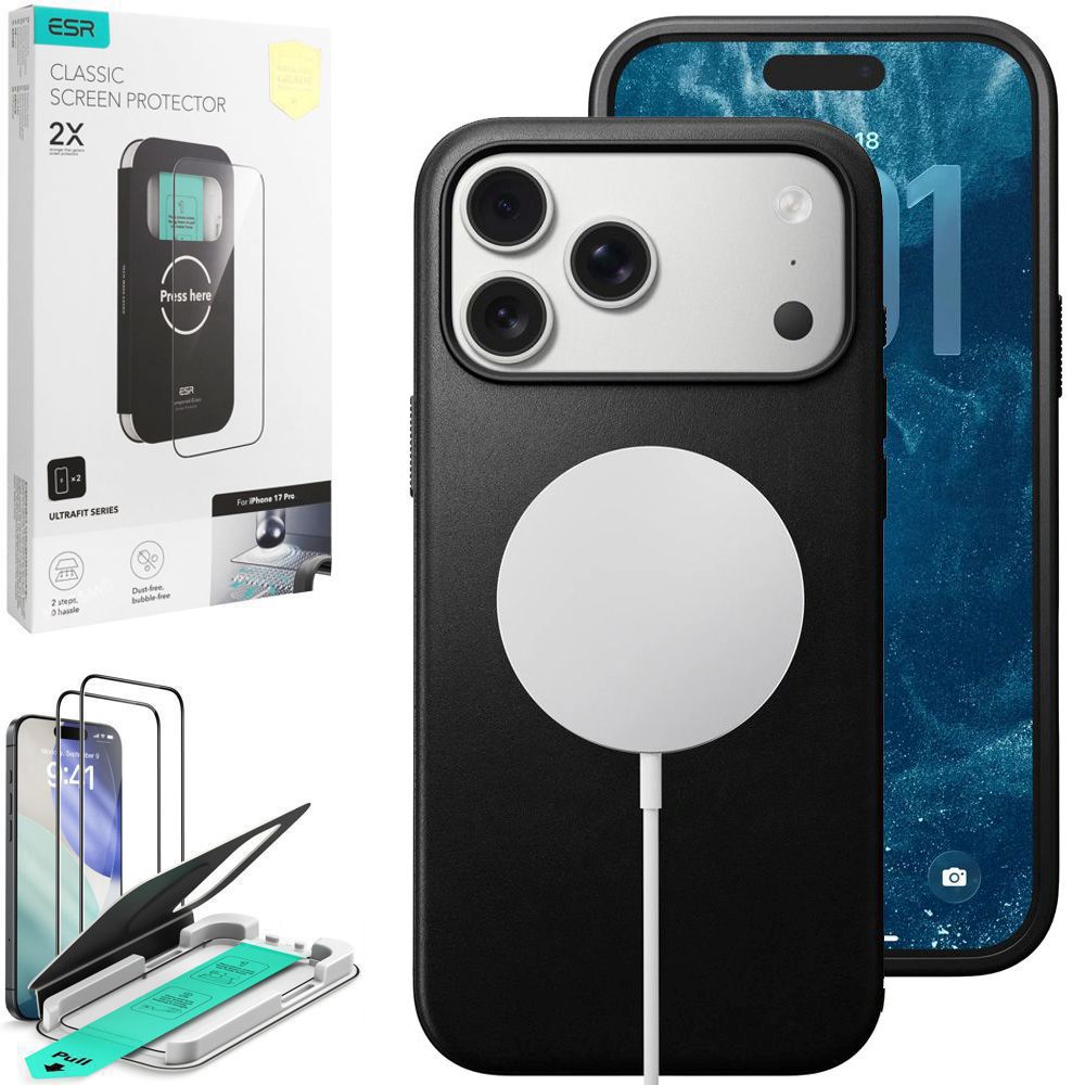 Etui Skóra Naturalna NOMAD MagSafe Leather Case | Black + 2x SZKŁO ESR do Apple iPhone 17 Pro |