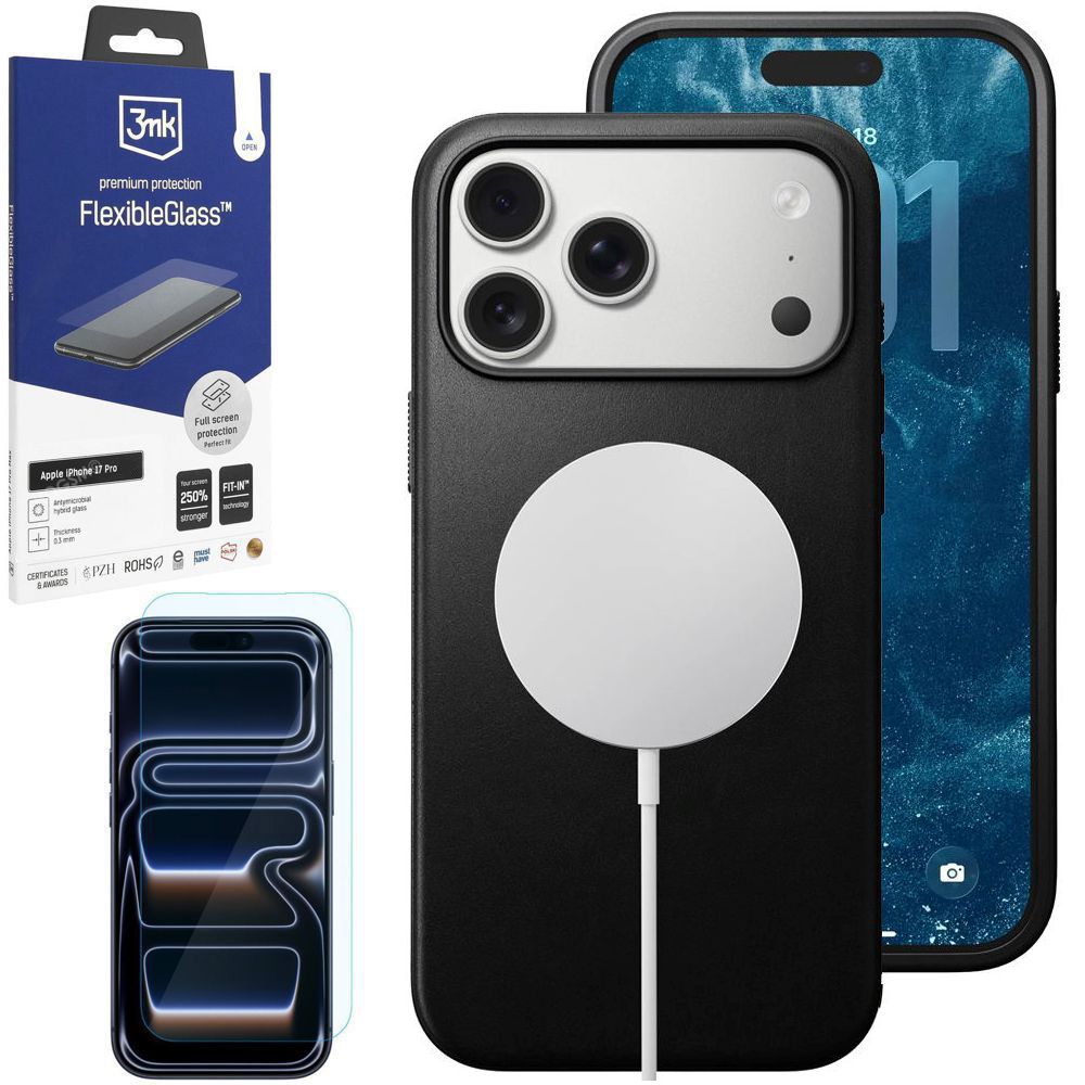 Etui Skóra Naturalna NOMAD MagSafe Leather Case | Black + SZKŁO 3mk do Apple iPhone 17 Pro |