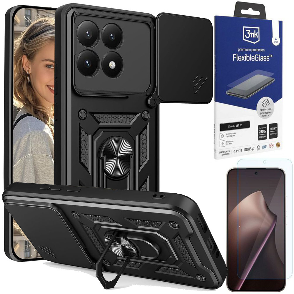Hybrydowe Etui Ring Camshield | Czarne + SZKŁO 3mk Flexible Glass do Xiaomi 15T 5G