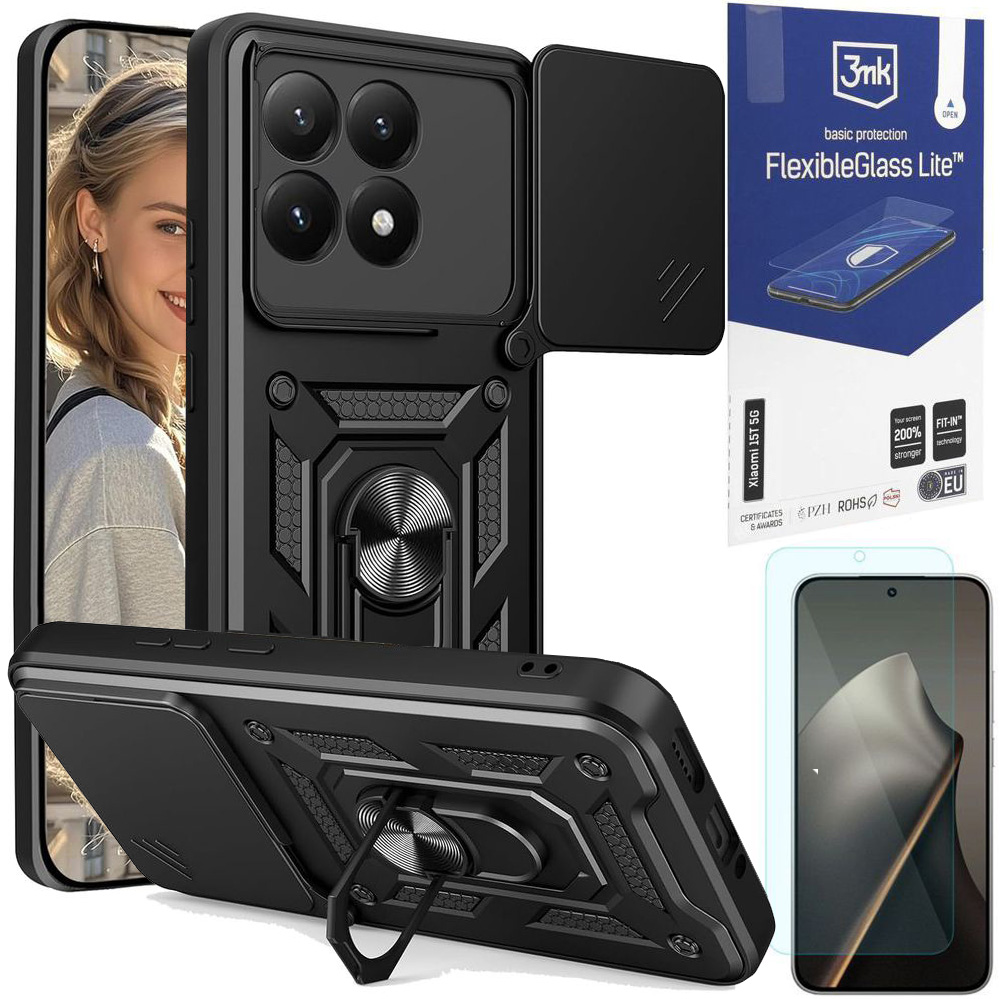 Hybrydowe Etui Ring Camshield | Czarne + SZKŁO 3mk Flexible Glass Lite do Xiaomi 15T 5G