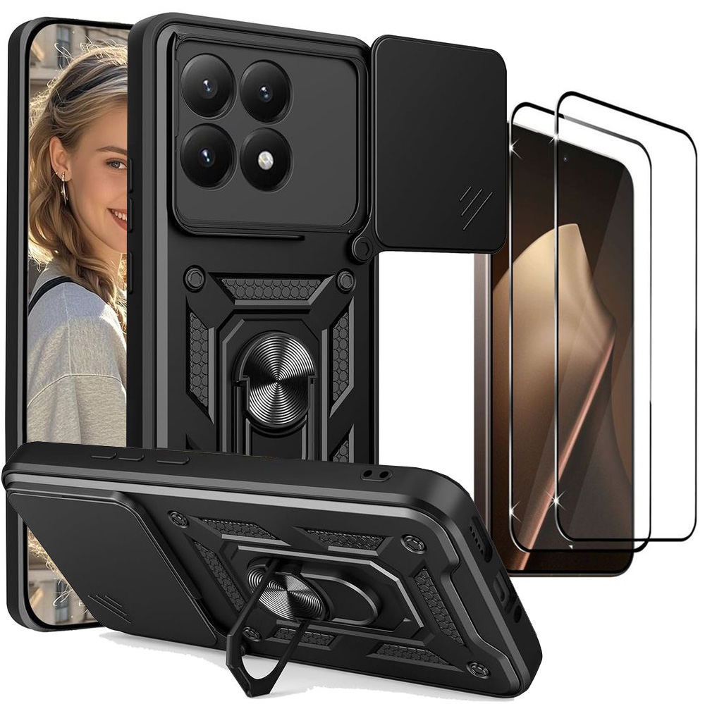 Hybrydowe Etui Ring Camshield | Czarne + 2x SZKŁO 5D do Xiaomi 15T 5G