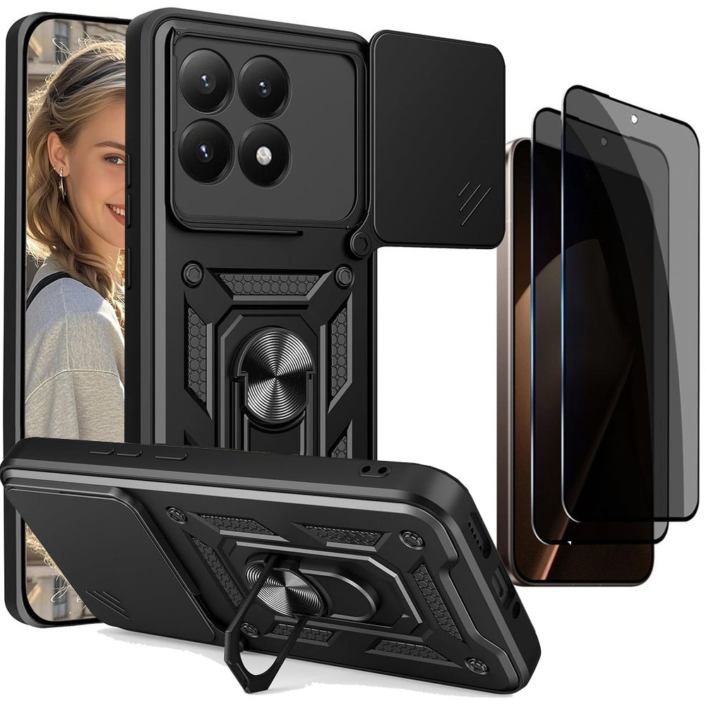 Hybrydowe Etui Ring Camshield | Czarne + 2x SZKŁO Privacy do Xiaomi 15T 5G