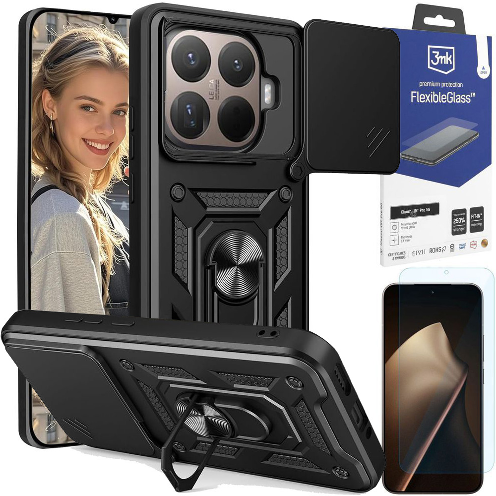 Hybrydowe Etui Ring Camshield | Czarne + SZKŁO 3mk Flexible Glass do Xiaomi 15T Pro 5G