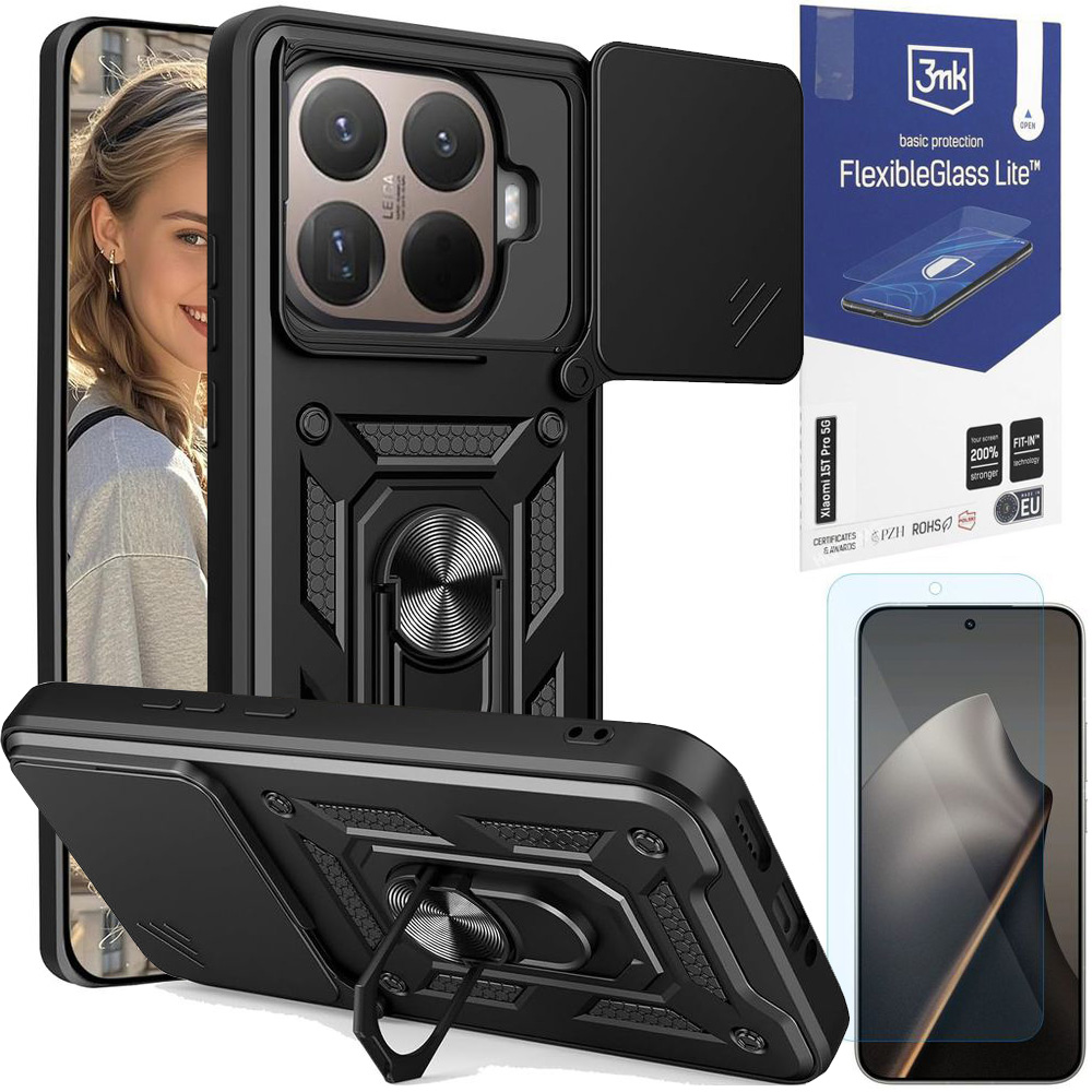 Hybrydowe Etui Ring Camshield | Czarne + SZKŁO 3mk Flexible Glass Lite do Xiaomi 15T Pro 5G